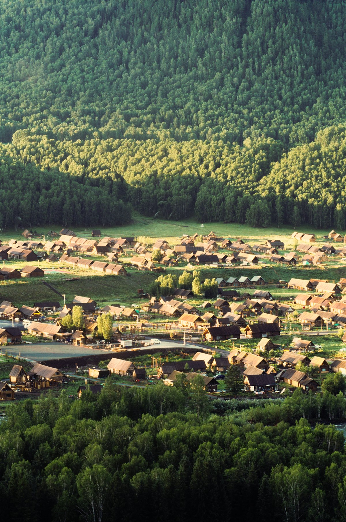 Village nestled in a lush green valley